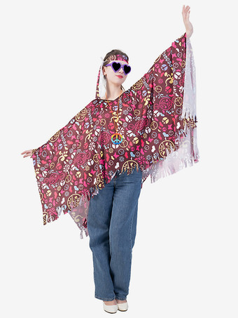 ヒッピーコスチューム レディース マルディグラ ノースリーブ レトロ マント ヘッドウェア付き