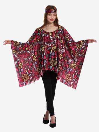 レッド ヒッピーコスチューム レディース マルディグラ ノースリーブ レトロ マント ヘッドウェア付き