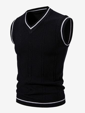 Nero Maglione lavorato a maglia da uomo con scollo a V e senza maniche