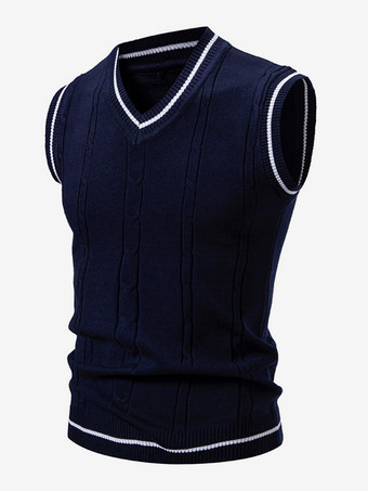 Blu Marino ScuroMaglione lavorato a maglia da uomo con scollo a V e senza maniche