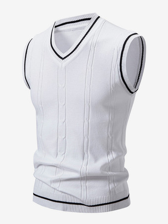 Bianco Maglione lavorato a maglia da uomo con scollo a V e senza maniche