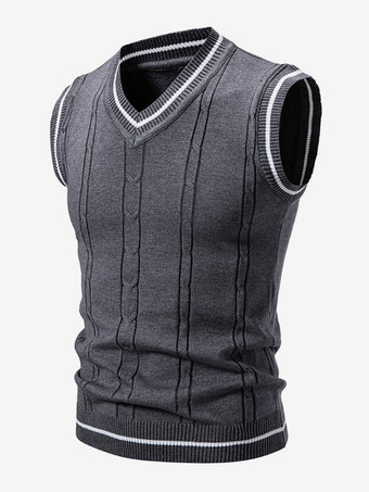 Grigio scuro Maglione lavorato a maglia da uomo con scollo a V e senza maniche
