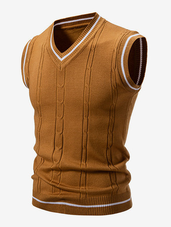 Marrone Maglione lavorato a maglia da uomo con scollo a V e senza maniche