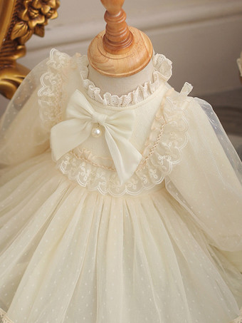 ホワイトフラワーガールドレス アイボリーポリエステルコットン 長袖 ジュエルネック フラワーガールドレス