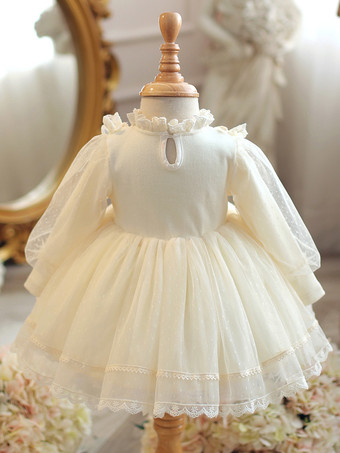 ホワイトフラワーガールドレス アイボリーポリエステルコットン 長袖 ジュエルネック フラワーガールドレス