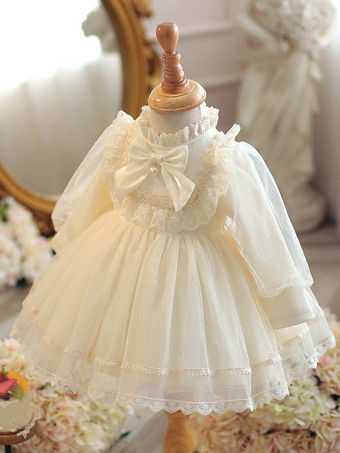 アイボリーホワイトフラワーガールドレス アイボリーポリエステルコットン 長袖 ジュエルネック フラワーガールドレス