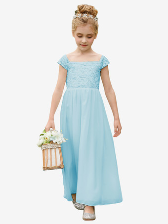 スカイブルー ウェディング フラワーガールドレス 特別な日のドレス アイボリー 半袖 レース
