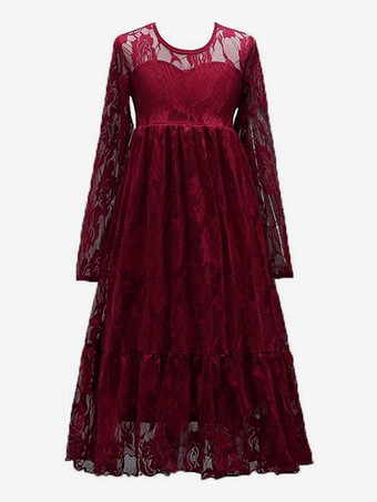 エンバーレッドウェディング フラワーガールドレス 特別な日のドレス アイボリー 長袖 レース