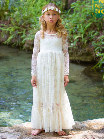 アイボリーウェディング フラワーガールドレス 特別な日のドレス アイボリー 長袖 レース