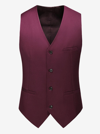 ワインレッド メンズ シングルブレスト ビジネススーツ ベスト ノースリーブ Vネック ドレス ウエストコート