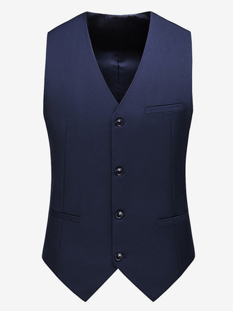 ダークネイビーメンズ シングルブレスト ビジネススーツ ベスト ノースリーブ Vネック ドレス ウエストコート