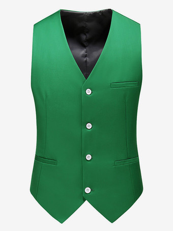 グリーン メンズ シングルブレスト ビジネススーツ ベスト ノースリーブ Vネック ドレス ウエストコート