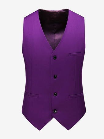 パープル メンズ シングルブレスト ビジネススーツ ベスト ノースリーブ Vネック ドレス ウエストコート