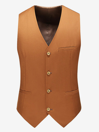 カーキ メンズ シングルブレスト ビジネススーツ ベスト ノースリーブ Vネック ドレス ウエストコート