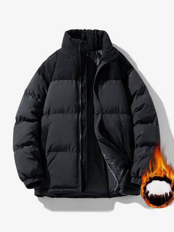 ブラック メンズ スタンドカラー ルーズ コーデュロイ スプライシング 冬用 コットンコート