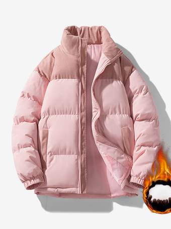 ピンクメンズ スタンドカラー ルーズ コーデュロイ スプライシング 冬用 コットンコート