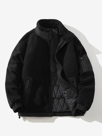 ブラック メンズ ウールコート ツーピース 取り外し可能 スタンドカラー コットンコート