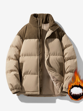 ブラウン メンズ スタンドカラー ルーズ コーデュロイ スプライシング 冬用 コットンコート