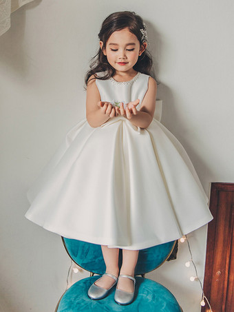 アイボリーホワイトフラワーガールドレス アイボリーサテン生地 ノースリーブ ジュエルネック フラワーガールドレス