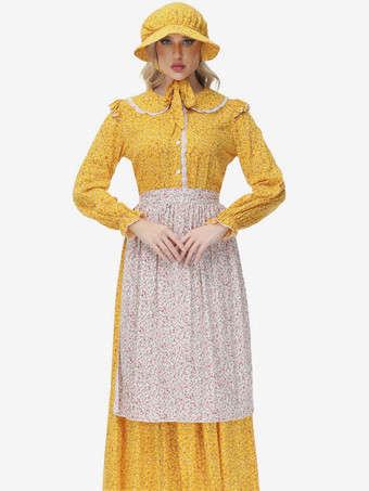 黄色の花柄プレーリーパイオニアクロージング田園風ドレス