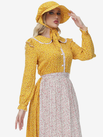 黄色の花柄プレーリーパイオニアクロージング田園風ドレス