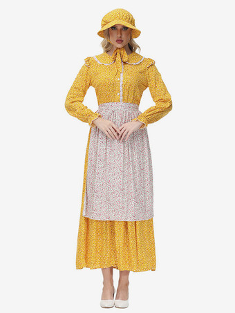 黄色の花柄プレーリーパイオニアクロージング田園風ドレス