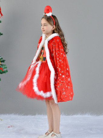 女の子のクリスマスセット 赤いドレス マント 帽子 ポリエステル クリスマス ホリデー コスチューム