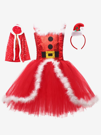 女の子のクリスマスセット 赤いドレス マント 帽子 ポリエステル クリスマス ホリデー コスチューム