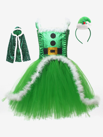 グリーン 女の子のクリスマスセット 赤いドレス マント 帽子 ポリエステル クリスマス ホリデー コスチューム