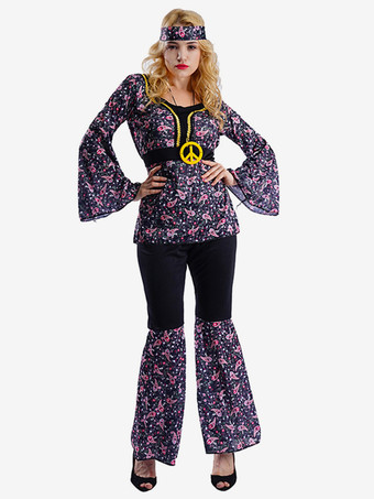 ブラック ヒッピーコスチューム レディース ホリデー ロングトランペットスリーブ レトロフローラルドレス