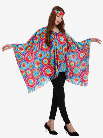 ライトスカイブルーヒッピーコスチューム レディース マルディグラ ノースリーブ レトロ マント ヘッドウェア付き