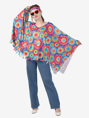 ヒッピーコスチューム レディース マルディグラ ノースリーブ レトロ マント ヘッドウェア付き