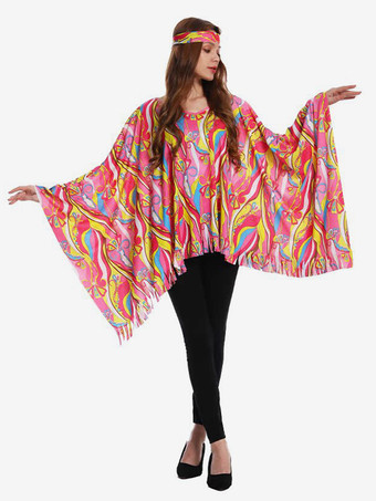 ピンクヒッピーコスチューム レディース マルディグラ ノースリーブ レトロ マント ヘッドウェア付き