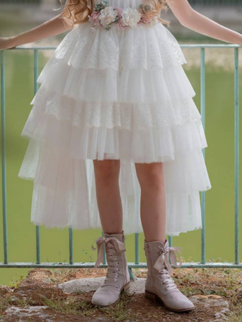 ホワイトフラワーガールドレス アイボリーチュール ノースリーブ ジュエルネック フラワーガールドレス