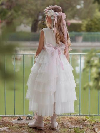 ホワイトフラワーガールドレス アイボリーチュール ノースリーブ ジュエルネック フラワーガールドレス