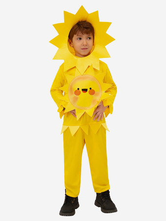 イエロー子供用植物ひまわりパーティーコスチューム 帽子付きイエロージャンプスーツ