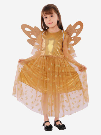 ゴールド バレンタインデーの子供用妖精天使パーティーフェスティバルファイバードレス