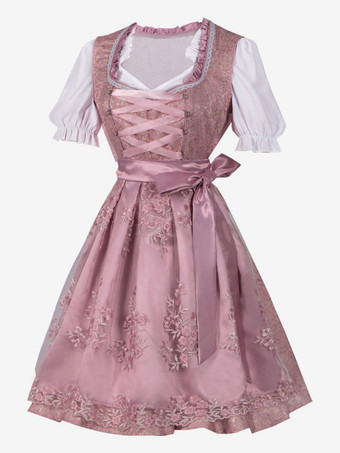 ピンクのレトロコスチューム 花柄プリント リボン コスチュームドレス