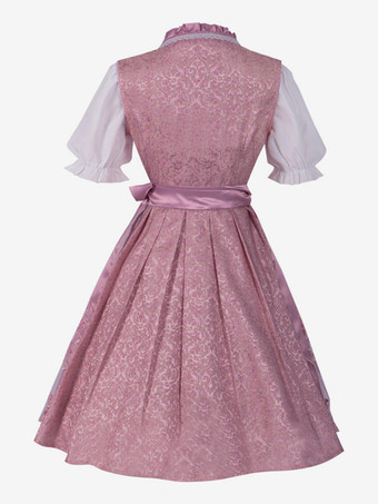 ピンクのレトロコスチューム 花柄プリント リボン コスチュームドレス