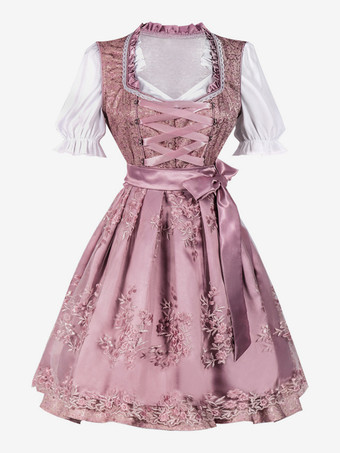 ピンクピンクのレトロコスチューム 花柄プリント リボン コスチュームドレス