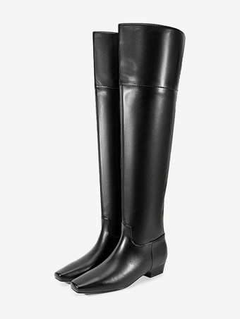 オーバーニーブーツ ブラック スクエアトゥ フラット サイハイブーツ