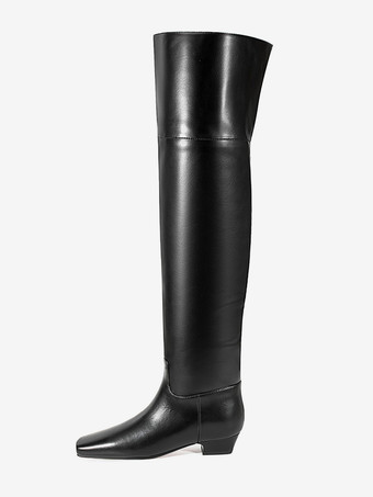 ブラック オーバーニーブーツ ブラック スクエアトゥ フラット サイハイブーツ