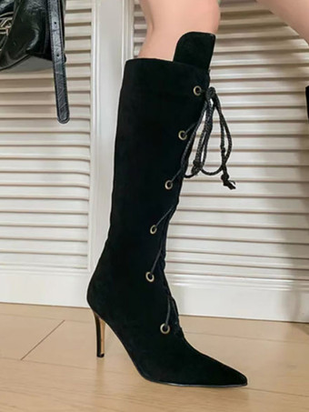 ブラック ミッドカーフブーツ スエード ポインテッドトゥ スティレットヒール レースアップブーツ