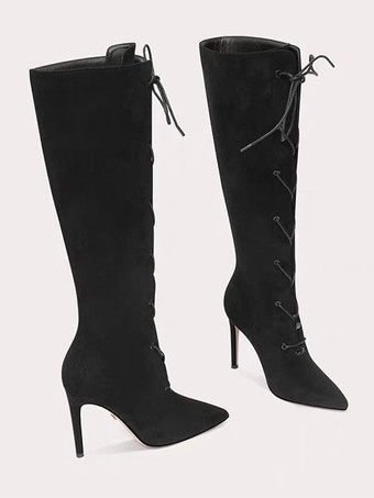 ブラック ミッドカーフブーツ スエード ポインテッドトゥ スティレットヒール レースアップブーツ