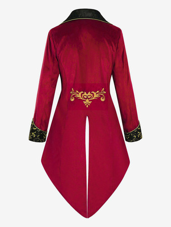 男性用レッド ヴィンテージトップ レトロ 刺繍ボタン 長袖 オーバーコート バーガンディ