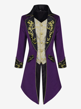 パープル 男性用レッド ヴィンテージトップ レトロ 刺繍ボタン 長袖 オーバーコート バーガンディ