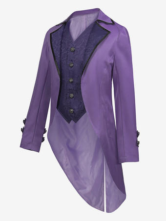 パープル ヴィンテージ トップ レトロ ポリエステル ボタン 長袖 男性用レトロコスチューム
