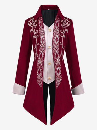 ワインレッド 男性用黒のヴィンテージトップ レトロボタン 長袖 レトロコスチューム