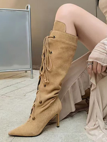 ライト アプリコットブラック ミッドカーフブーツ スエード ポインテッドトゥ スティレットヒール レースアップブーツ