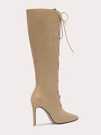 ブラック ミッドカーフブーツ スエード ポインテッドトゥ スティレットヒール レースアップブーツ